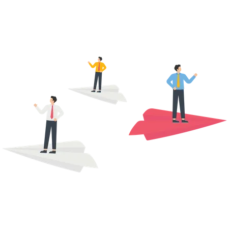 Businesswoman standing on a red paper airplane  Illustration