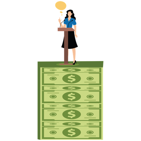 Businesswoman standing on cash while giving financial speech  Illustration