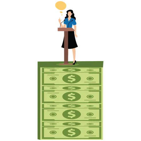 Businesswoman standing on cash while giving financial speech  Illustration