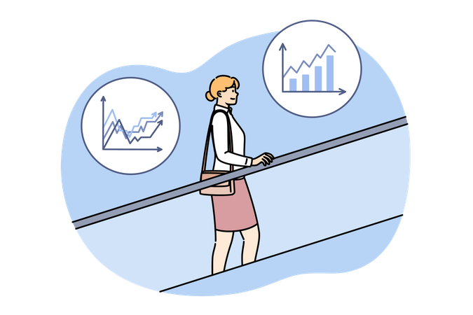 Businesswoman standing on escalator and moves up career ladder while located among financial charts  Illustration
