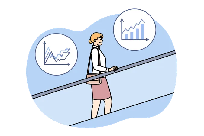 Businesswoman standing on escalator and moves up career ladder while located among financial charts  Illustration
