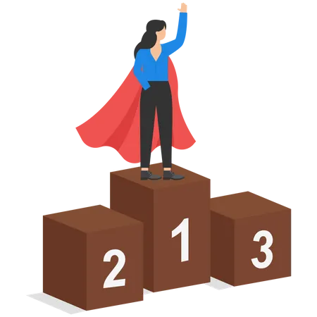 Business Woman Standing On The First Podium In Superhero Costume Success In Business And Career Modern Vector Illustration In Flat Style Illustration