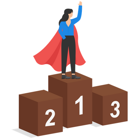 Businesswoman standing on first podium in superhero costume  Illustration