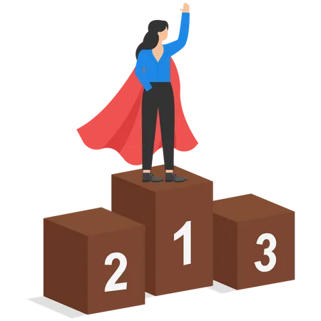 Businesswoman standing on first podium in superhero costume  Illustration