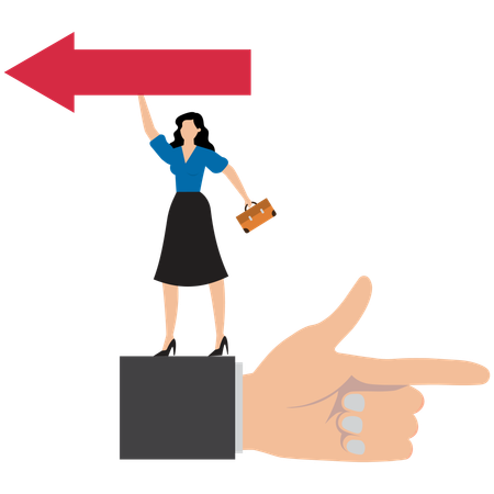 Businesswoman Standing on Giant Hand Pointing in Opposite Directions  Illustration