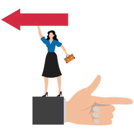 Businesswoman Standing on Giant Hand Pointing in Opposite Directions  Illustration