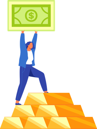 Businesswoman standing on pile of gold with money bill in hands  Illustration