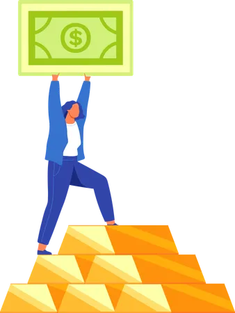 Businesswoman standing on pile of gold with money bill in hands  Illustration