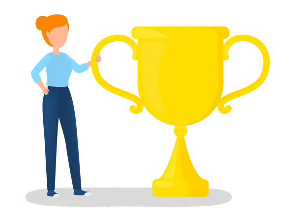 Businesswoman Standing With Big Golden Cup Idea Of Leadership And Success Teamwork Award Flat Vector Illustration Illustration