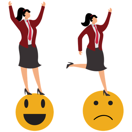 Businesswoman Standing With A Smiley Face And A Sad Expression Trying To Maintain Balance  Illustration