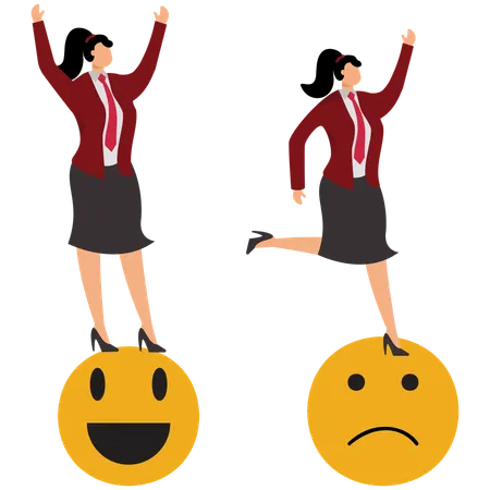 Businesswoman Standing With A Smiley Face And A Sad Expression Trying To Maintain Balance  Illustration