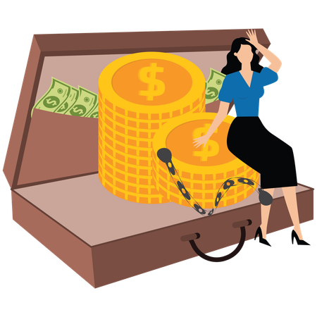 Businesswoman standing with her hands handcuffed to large bag filled with gold coins  Illustration