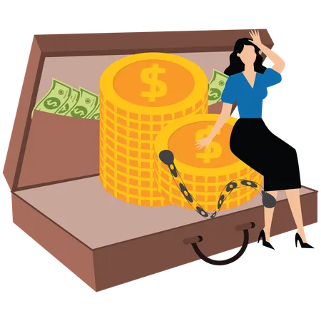 Businesswoman standing with her hands handcuffed to large bag filled with gold coins  Illustration
