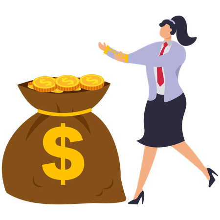 Businesswoman standing with Her hands handcuffed to large bag filled with gold coins workers  Illustration