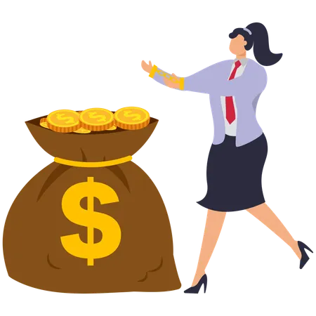 Businesswoman standing with Her hands handcuffed to large bag filled with gold coins workers  Illustration