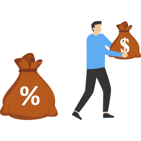 Businesswoman standing with money bag and commission share  Illustration