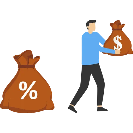 Businesswoman standing with money bag and commission share  Illustration