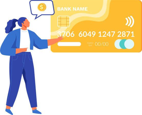 Businesswoman stands next to credit card  Illustration