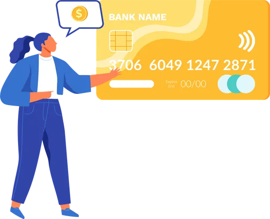 Woman Working With Banking And Money Currency Transactions Cashless Payments Bank Operations Businesswoman Next To Credit Card Debit Or Credit Card With Number And Owner Of Bank Account Data Illustration