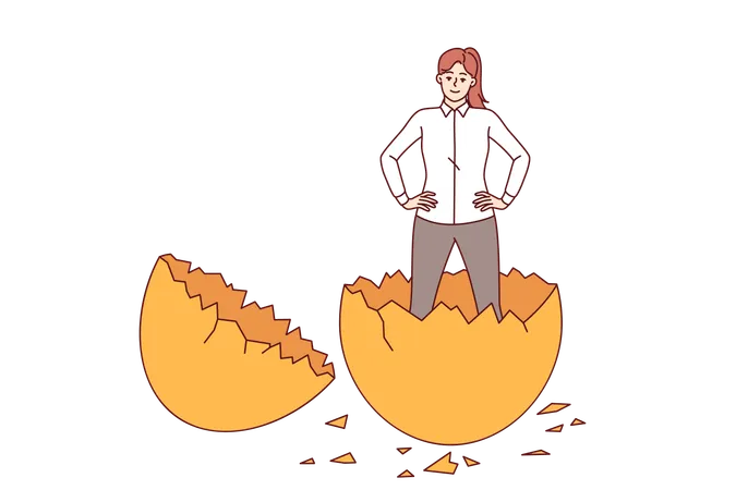 Business Woman Stands In Golden Shell Symbolizing Progress And Professional Evolution Of Person Business Lady Keeps Hands On Belt Demonstrating Ambition When Planning And Achieving Career Goals Illustration
