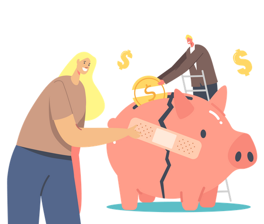 Businesswoman Stick Patch on Broken Piggy Bank Illustration