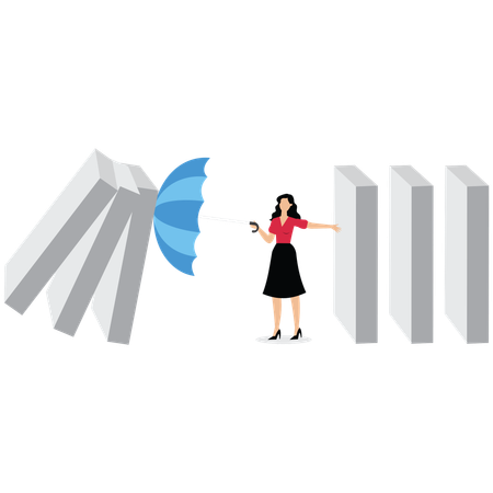 Businesswoman stop domino collapsing despair  Illustration