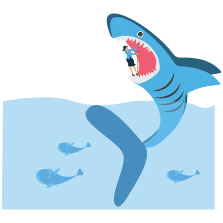 Businesswoman struggling to resist sharks closing their mouths while survival  Illustration