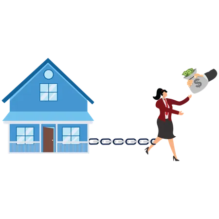 Businesswoman stuck with mortgage  Illustration