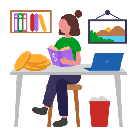 Businesswoman Studying Financial book  Illustration