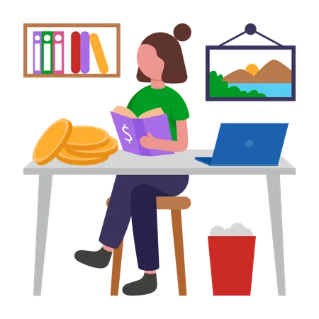 Businesswoman Studying Financial book  Illustration