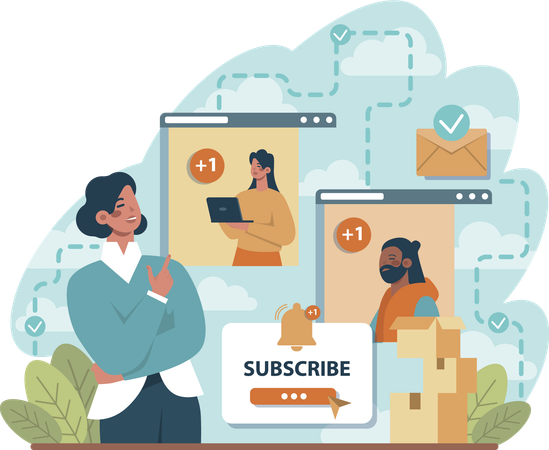 Businesswoman subscribes employees for email  Illustration