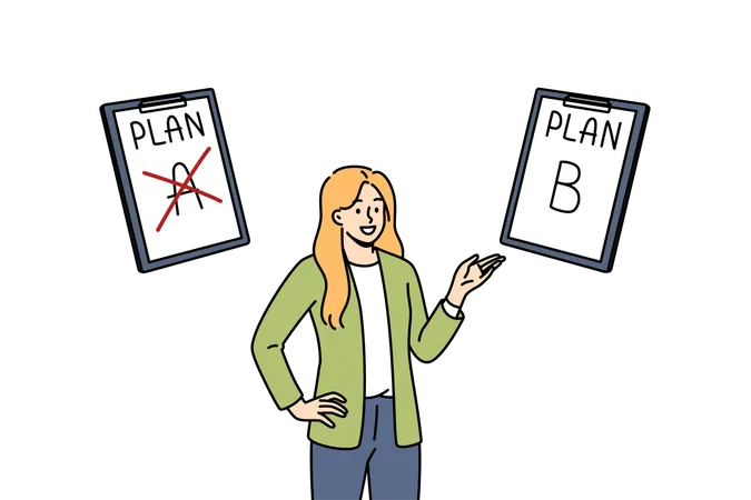 Businesswoman suggests alternative plan and pointing with hand at clipboard with inscription plan  Illustration