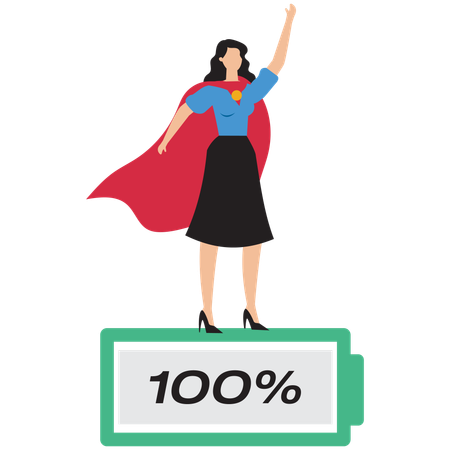 Businesswoman superhero carry fully charged battery  Illustration