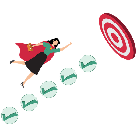 Businesswoman superhero finish task checklist to achieve work target  Illustration