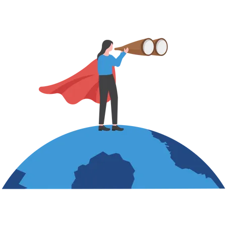 World Woman Leader Feminism Or Female CEO To Lead International Company Superhero Lady To Point Direction For Future Success Concept Businesswoman Superhero On World Planet Earth Pointing Direction Illustration