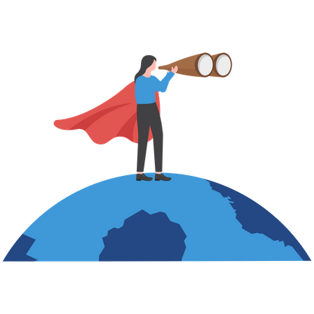 Businesswoman superhero on world planet earth pointing direction  Illustration