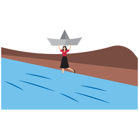 Businesswoman supporting business ship to cross river  Illustration