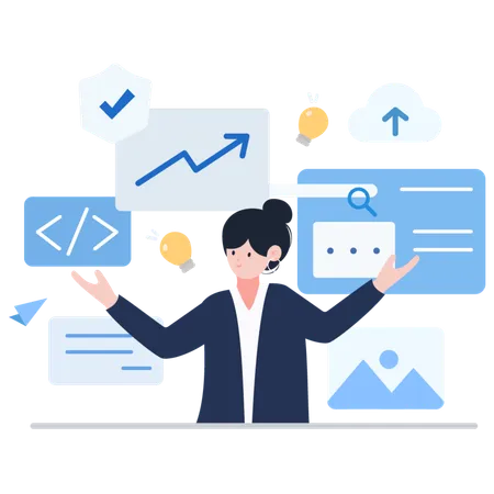 Businesswoman Analyzing Data Vector Illustration A Businesswoman Surrounded By Data Charts Coding Symbols Light Bulbs And Cloud Icons Symbolizing Analysis And Innovation Ideal For Business Technology And Educational Projects Illustration