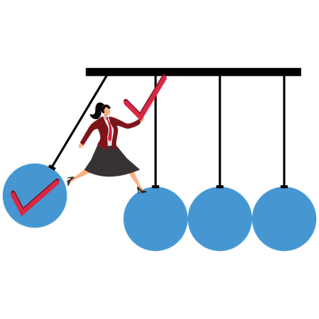 Businesswoman swings completed checkbox to impact pendulum  Illustration