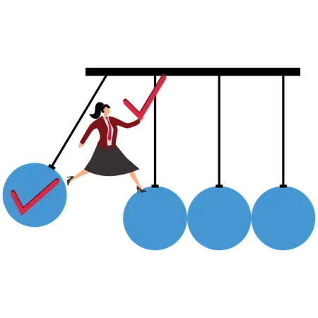 Businesswoman swings completed checkbox to impact pendulum  Illustration