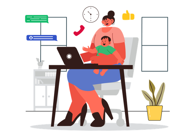 Businesswoman tackling baby while working from home  Illustration