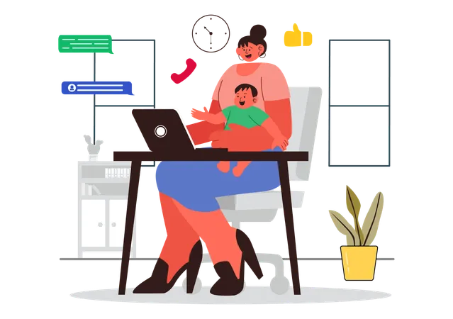 Businesswoman tackling baby while working from home  Illustration