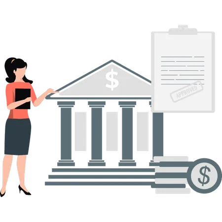 The Girl Is Standing Near The Bank Building Illustration
