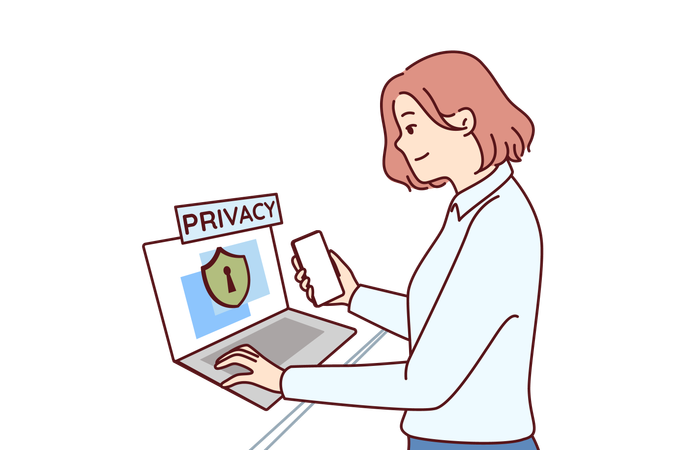 Businesswoman takes care of cyber security standing next to laptop with privacy inscription  イラスト