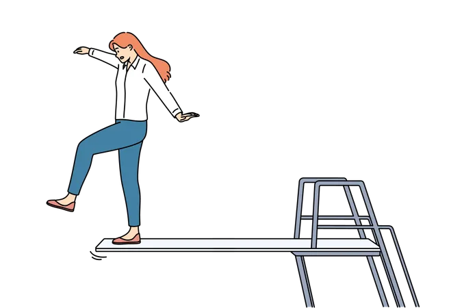 Business Woman Takes Risky Action And Goes On Venture To Achieve Goal Standing On Springboard Concept Of Professional Venture That Can Lead To Career Growth Or Dismissal And Bankruptcy Illustration