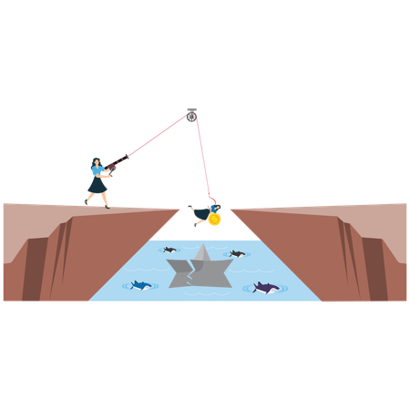 Businesswoman takes Risky Investment Strategy Across Danger Zone  Illustration