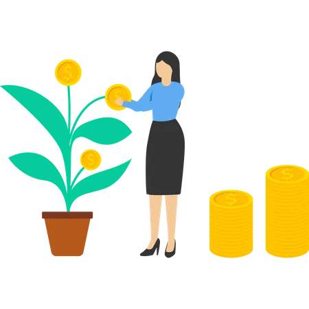Business Growth Creating Sustainability For Business Wealth Management Profits From Long Term Investment Businesswoman Taking Cash From Money Tree Flat Vector Illustration Illustration