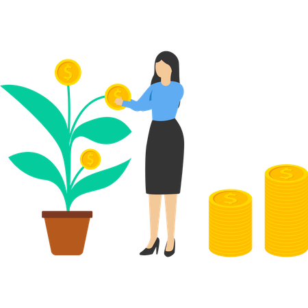 Businesswoman taking cash from money tree  Illustration