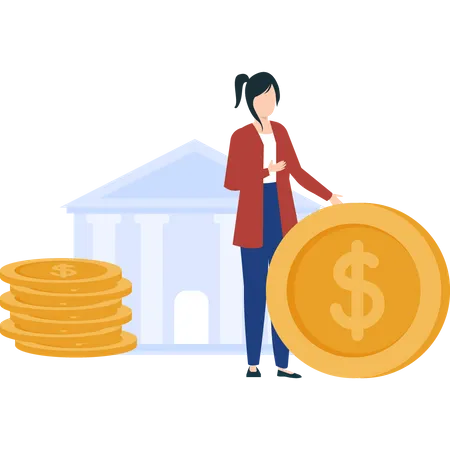 A Girl With Dollar Coins Standing Outside The Bank Illustration