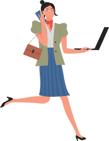 Businesswoman talking on phone while working on laptop  Illustration